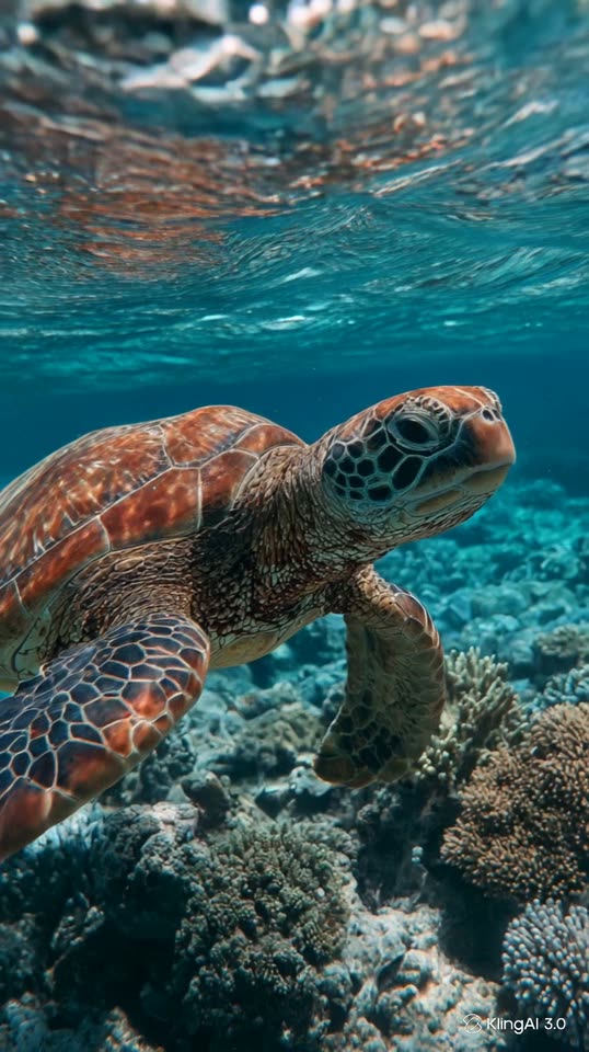 Sea turtle swimming through a coral reef animation