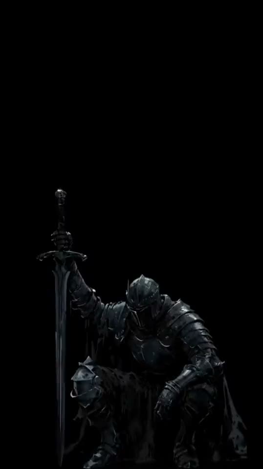 Knight with a glowing sword in a crumbling castle animation