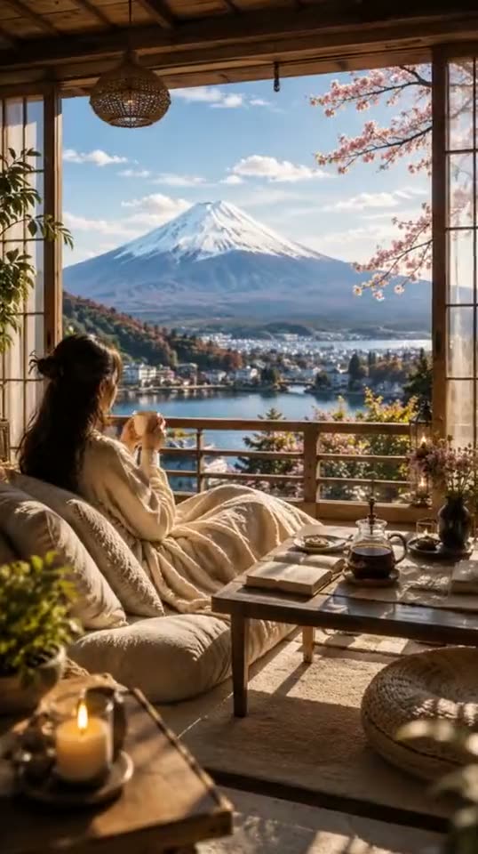 Girl relaxing with a Mount Fuji view animated from a photo