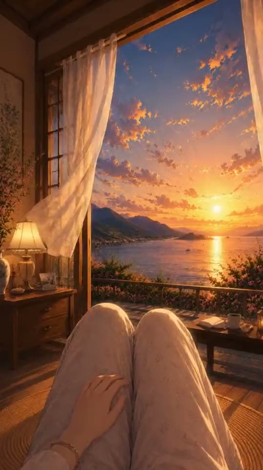 Cozy room sunset view over ocean and mountains animation