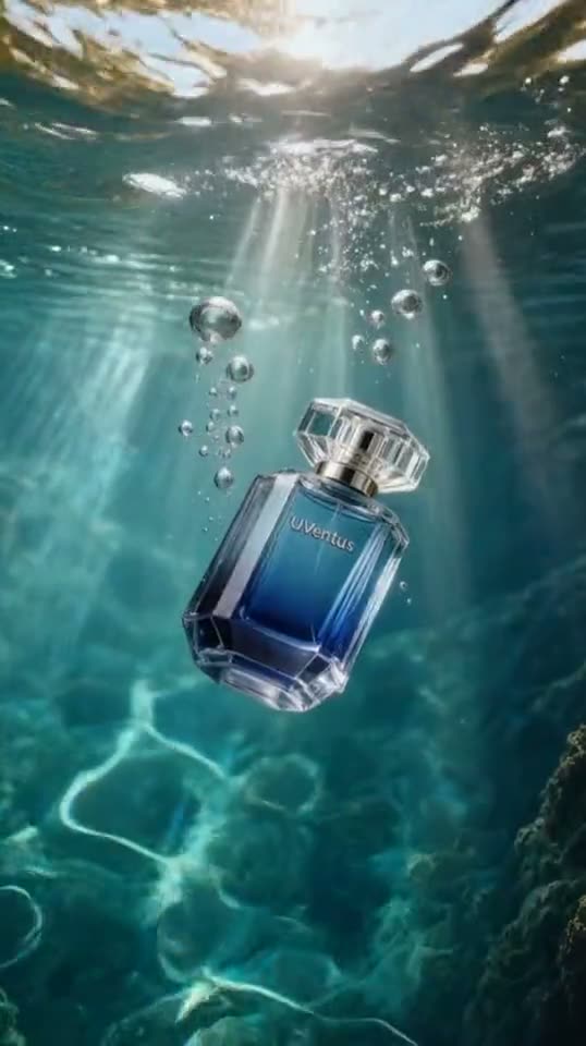 Perfume bottle floating underwater commercial animation